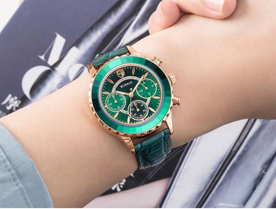 Montres de luxe vertes pour femmes, mouvement à quartz, bracelet en cuir à la mode, étanches, multifonctionnelles, pour femmes