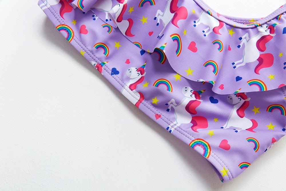 3-16 ans Maillot de bain deux pièces pour filles Motif dessin animé Volants Maillot de bain Bikini Set Épaule unique Tenue de plage Princesse Deux pièces Maillot de bain Maillot de bain enfant Filles Maillot de bain Bikini Set