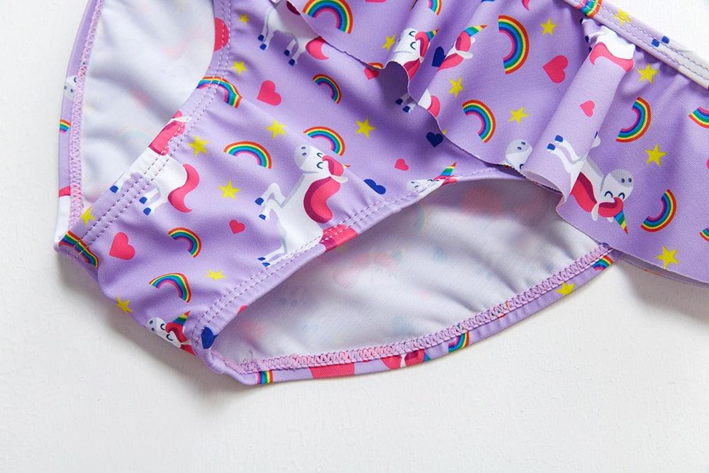 3-16 ans Maillot de bain deux pièces pour filles Motif dessin animé Volants Maillot de bain Bikini Set Épaule unique Tenue de plage Princesse Deux pièces Maillot de bain Maillot de bain enfant Filles Maillot de bain Bikini Set