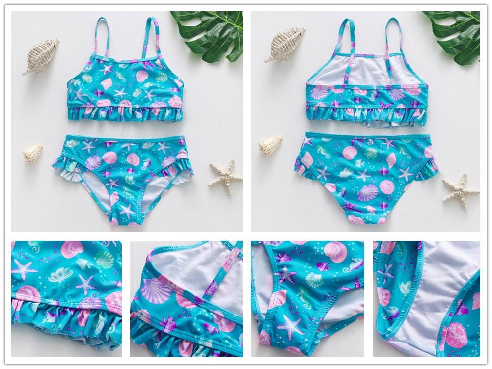 3-16 ans Maillot de bain deux pièces pour filles Motif dessin animé Volants Maillot de bain Bikini Set Épaule unique Tenue de plage Princesse Deux pièces Maillot de bain Maillot de bain enfant Filles Maillot de bain Bikini Set