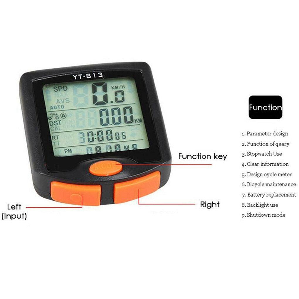 Compteur de vélo étanche noir Mini filaire numérique multifonctionnel avec capteur de mouvement, odomètre de vélo multifonctionnel avec écran 4 lignes et rétroéclairage