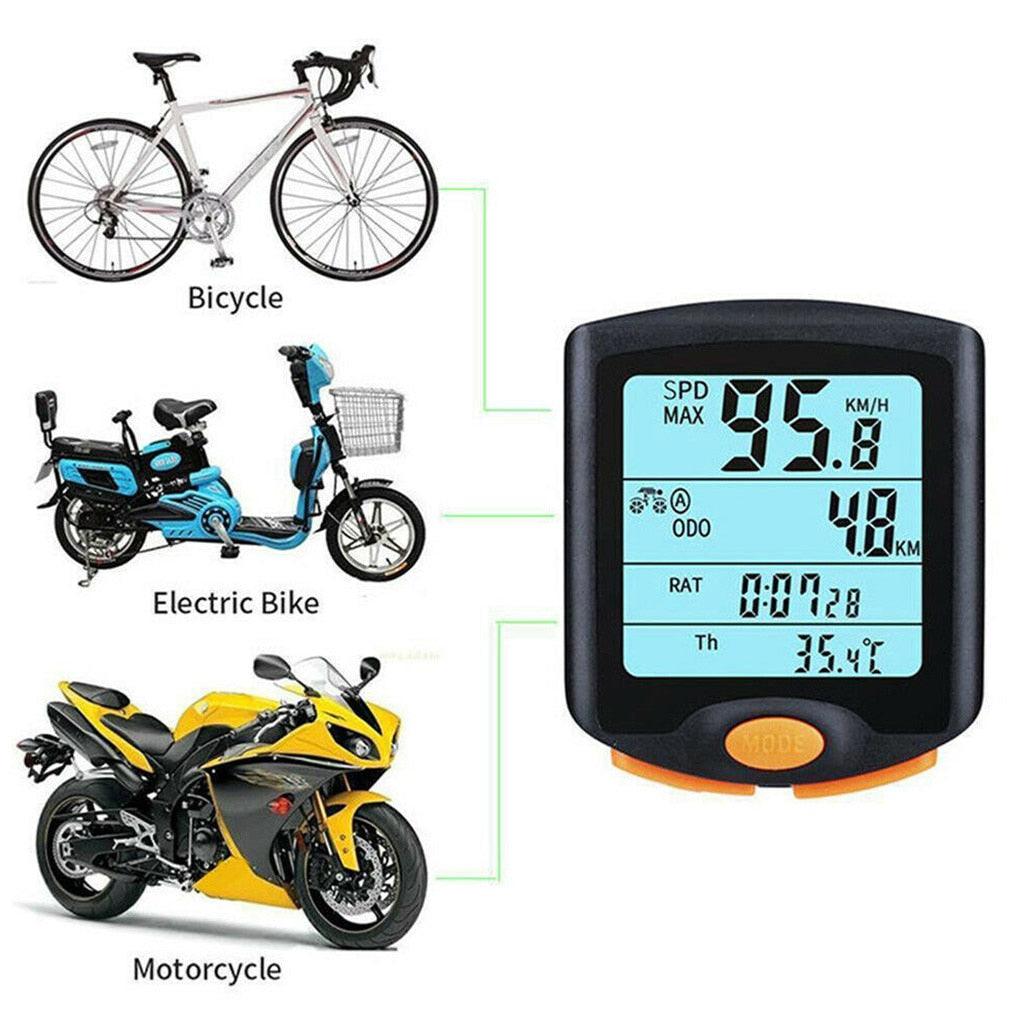 Compteur de vélo étanche noir Mini filaire numérique multifonctionnel avec capteur de mouvement, odomètre de vélo multifonctionnel avec écran 4 lignes et rétroéclairage