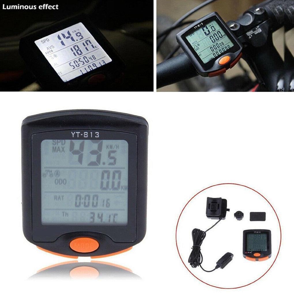 Compteur de vélo étanche noir Mini filaire numérique multifonctionnel avec capteur de mouvement, odomètre de vélo multifonctionnel avec écran 4 lignes et rétroéclairage