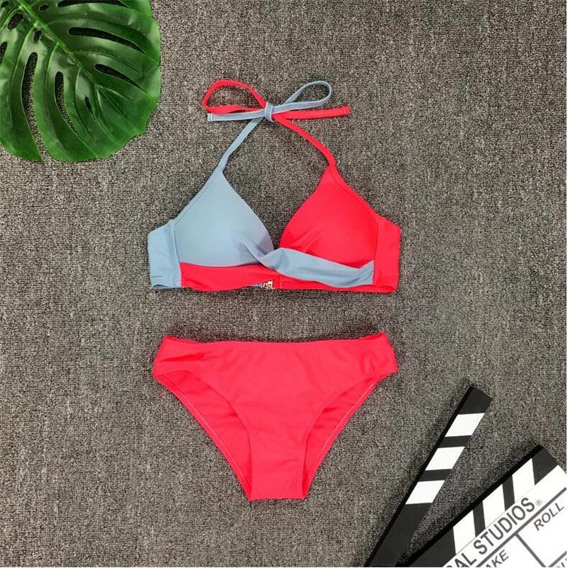 Ensemble de maillot de bain push-up deux pièces pour femme, maillot de bain de plage, bikini push-up à licou pour femme