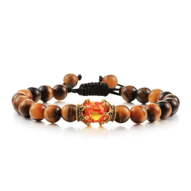 Bracelet perles œil de tigre et pierre de lave noire avec pendentif couronne pour hommes femmes - Bracelets tressés faits à la main et ajustables pour couples, perles diffuseur d'huiles essentielles avec pendentif couronne roi et reine