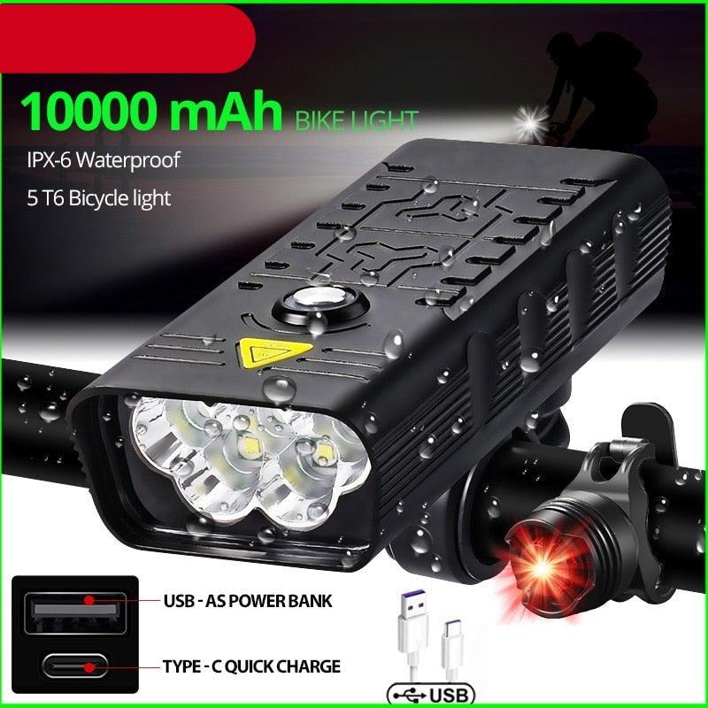 Lampe de vélo 10000mAh rechargeable par USB 5000 Lumens Phare de vélo LED super lumineux avant et arrière Ensemble de feux pour la conduite de nuit Feux de vélo avant et arrière rechargeables avec 3 modes
