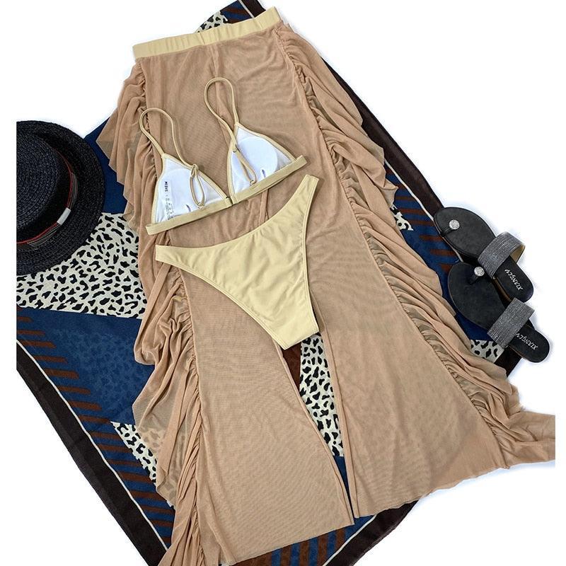 Maillot de bain 3 pièces solide en maille pour femme, rembourré, avec jupe longue de plage, élégant, volant, pour vacances, sport