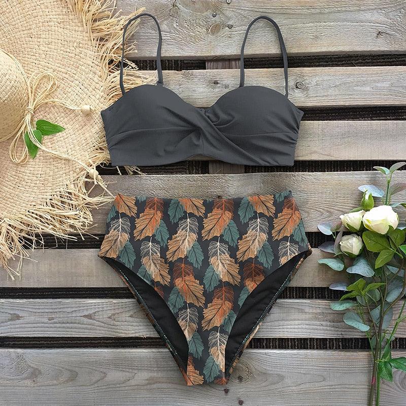 Bikini Maillot de Bain Femme Push Up Ensemble Bikini Taille Haute Maillots de Bain Deux Pièces Femme Maillot de Bain Imprimé Uni Rembourré Push-Up Maillot de Bain Volanté Beachwear