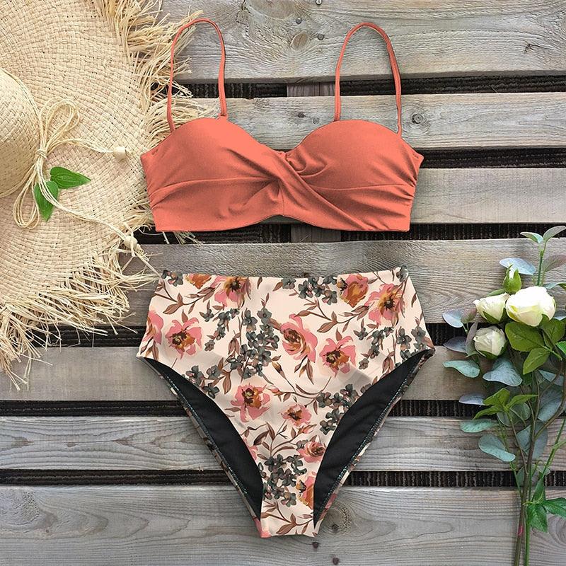 Bikini Maillot de Bain Femme Push Up Ensemble Bikini Taille Haute Maillots de Bain Deux Pièces Femme Maillot de Bain Imprimé Uni Rembourré Push-Up Maillot de Bain Volanté Beachwear
