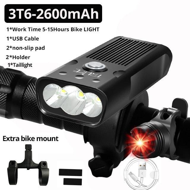 Lampe de vélo 10000mAh rechargeable par USB 5000 Lumens Phare de vélo LED super lumineux avant et arrière Ensemble de feux pour la conduite de nuit Feux de vélo avant et arrière rechargeables avec 3 modes