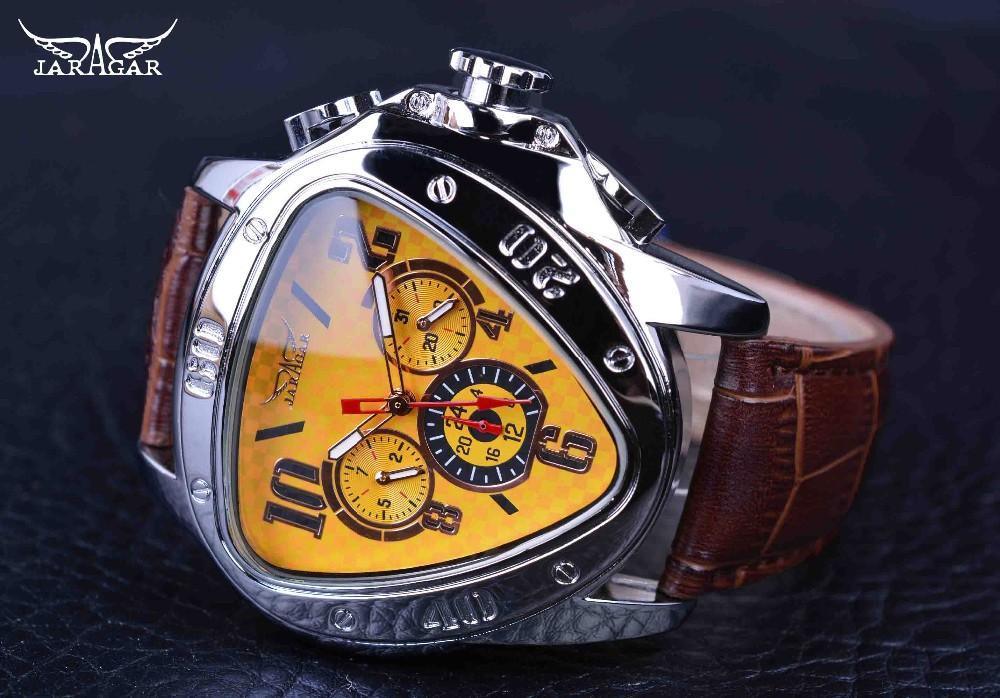 Montre-bracelet homme élégante, sport, forme triangulaire, de luxe, style course automobile, design moderne, bracelet en cuir noir classique.