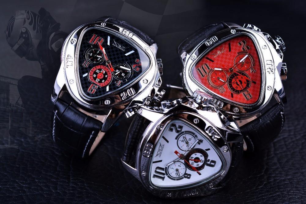 Montre-bracelet homme élégante, sport, forme triangulaire, de luxe, style course automobile, design moderne, bracelet en cuir noir classique.