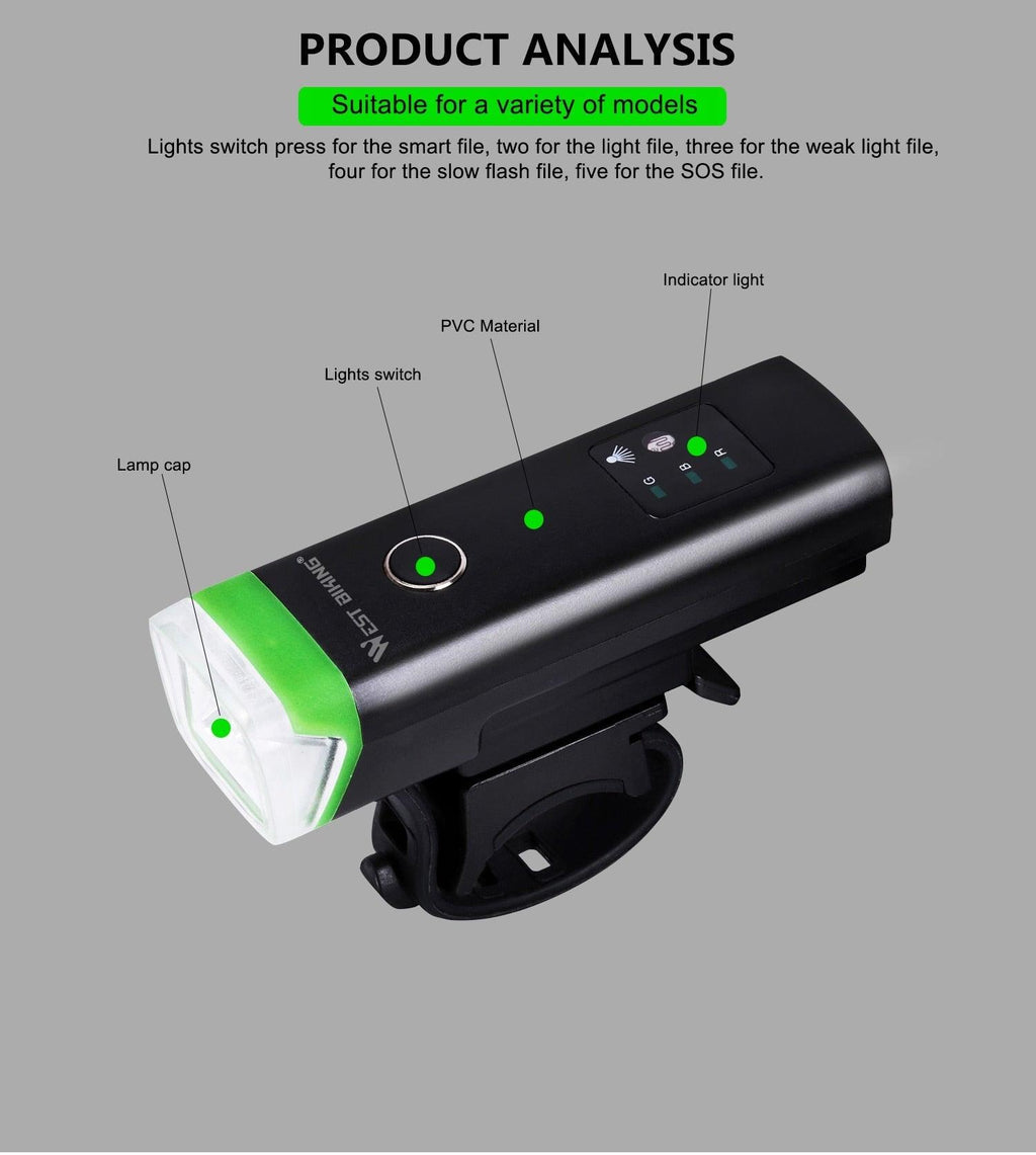 Phare avant de vélo rechargeable USB Lumière de vélo LED étanche Phare de cyclisme Lampe de sécurité pour l'escalade Lampe de vélo super brillante Facile à installer Convient à tous les vélos Phares avec modes