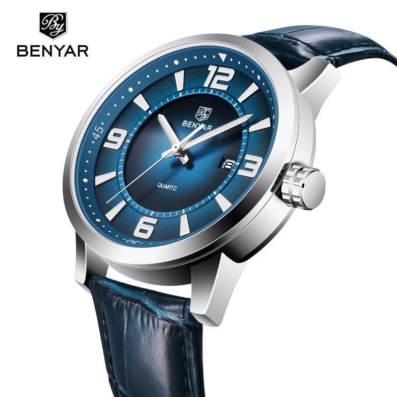 Montre de Luxe Sportive Homme Montre Quartz Bleue Bracelet en Cuir Tendance Montre-Bracelet Décontractée pour Homme