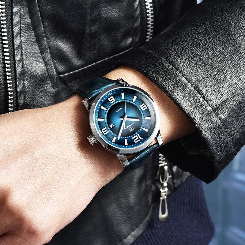 Montre de Luxe Sportive Homme Montre Quartz Bleue Bracelet en Cuir Tendance Montre-Bracelet Décontractée pour Homme