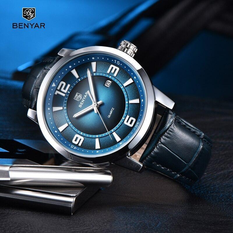 Montre de Luxe Sportive Homme Montre Quartz Bleue Bracelet en Cuir Tendance Montre-Bracelet Décontractée pour Homme