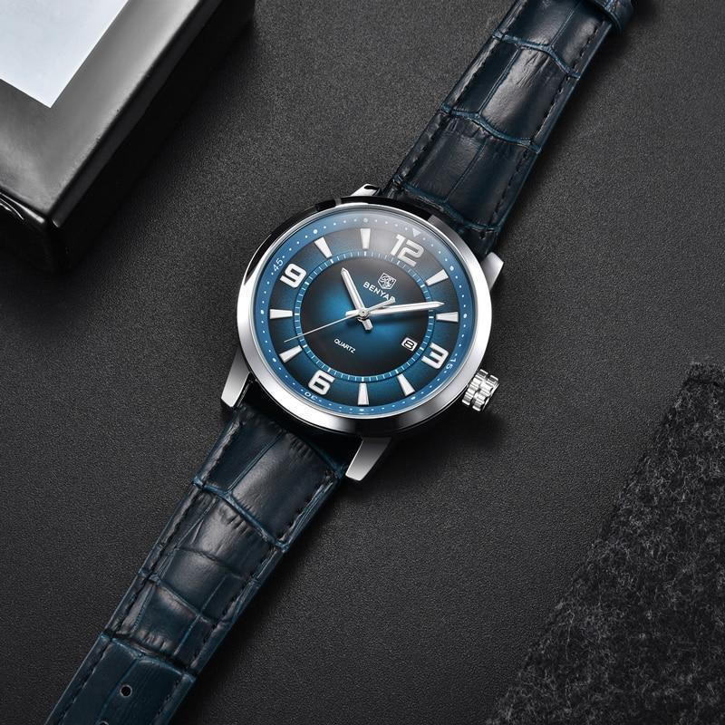 Montre de Luxe Sportive Homme Montre Quartz Bleue Bracelet en Cuir Tendance Montre-Bracelet Décontractée pour Homme