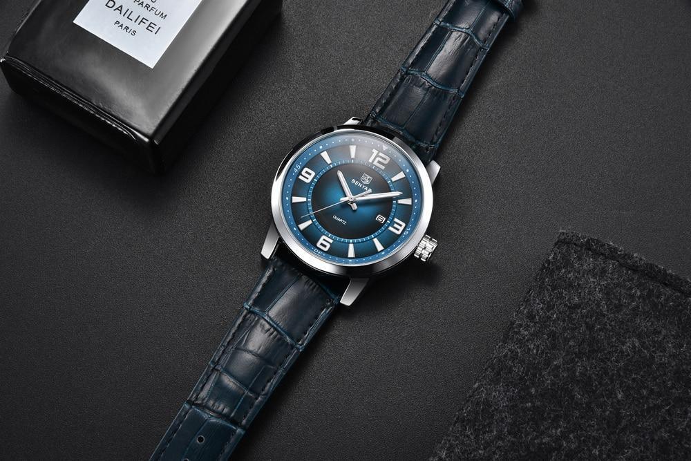 Montre de Luxe Sportive Homme Montre Quartz Bleue Bracelet en Cuir Tendance Montre-Bracelet Décontractée pour Homme