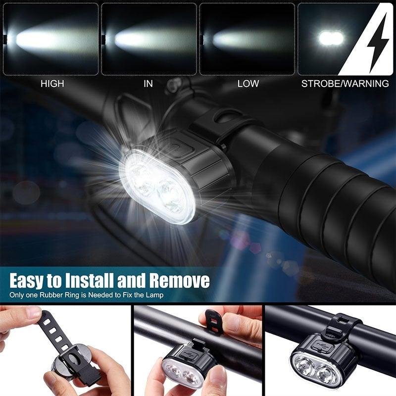 4 modes 350 mAh USB Vélo Phare avant de vélo rechargeable Feu arrière de vélo LED Lampe frontale Ultra Lumineux Kit de feux avant et arrière de vélo Étanche IPX4 VTT Casque de vélo Phare avant et feu arrière