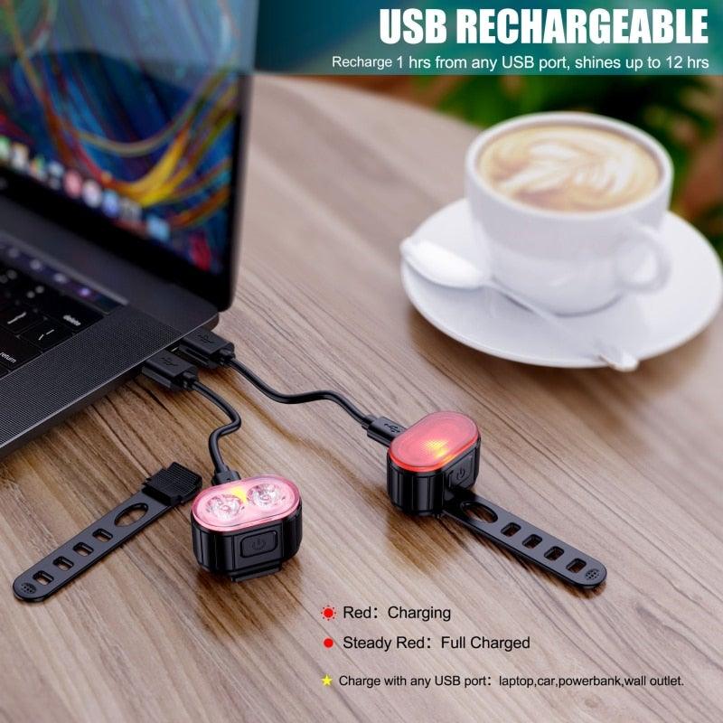 4 modes 350 mAh USB Vélo Phare avant de vélo rechargeable Feu arrière de vélo LED Lampe frontale Ultra Lumineux Kit de feux avant et arrière de vélo Étanche IPX4 VTT Casque de vélo Phare avant et feu arrière