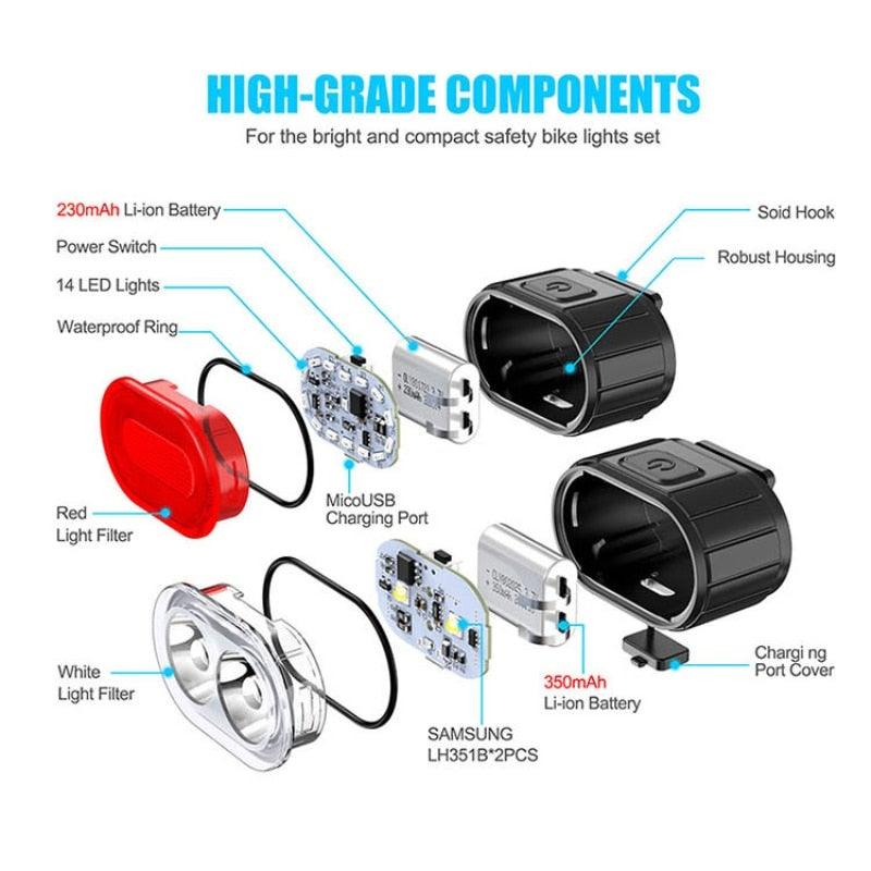 4 modes 350 mAh USB Vélo Phare avant de vélo rechargeable Feu arrière de vélo LED Lampe frontale Ultra Lumineux Kit de feux avant et arrière de vélo Étanche IPX4 VTT Casque de vélo Phare avant et feu arrière