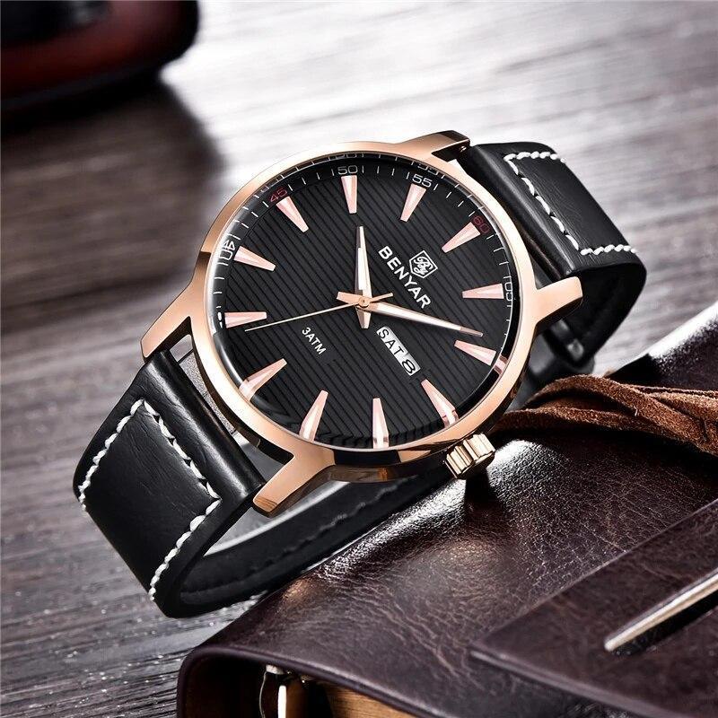 Nouvelle montre homme décontractée noire, mode simple, à quartz analogique, étanche, bracelet en cuir de luxe, élégante