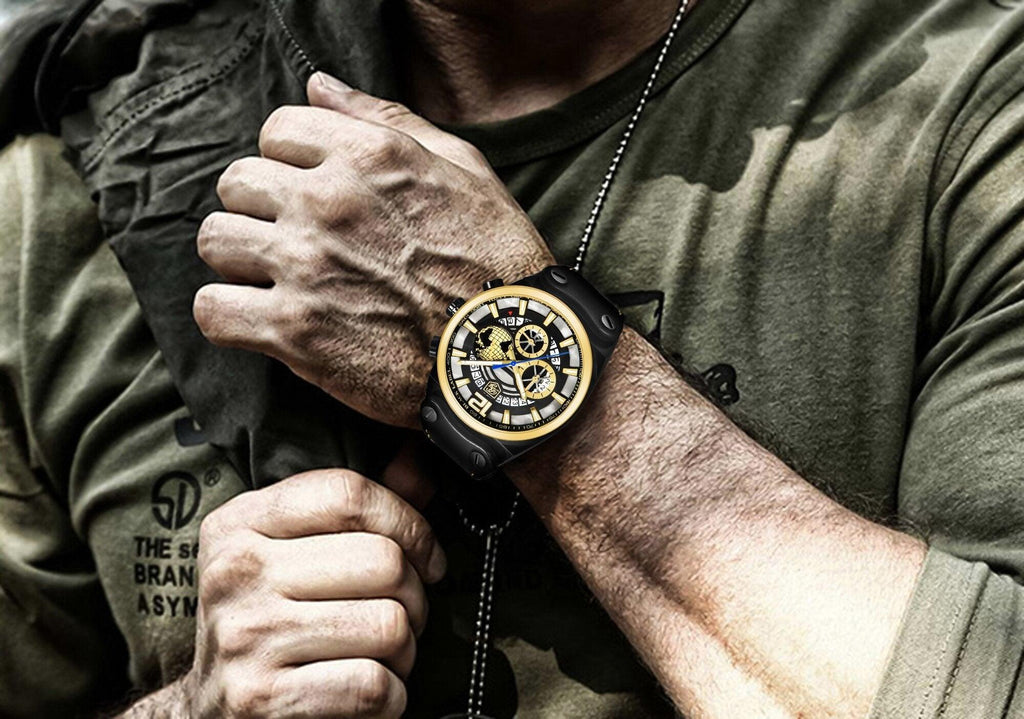 Montre de sport multifonction à quartz en silicone pour hommes, bracelet de luxe étanche avec aiguilles lumineuses