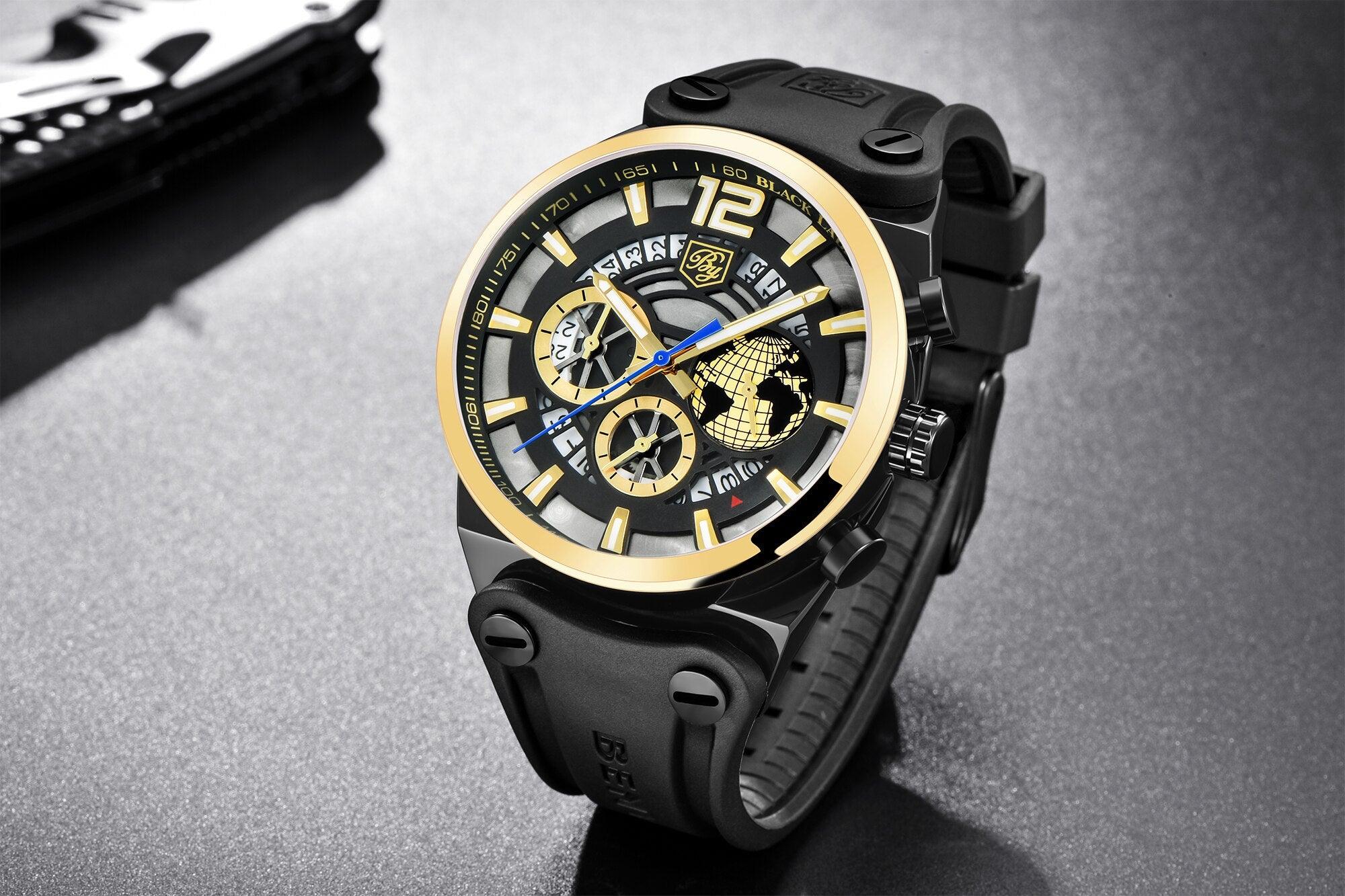 Montre de sport multifonction à quartz en silicone pour hommes, bracelet de luxe étanche avec aiguilles lumineuses