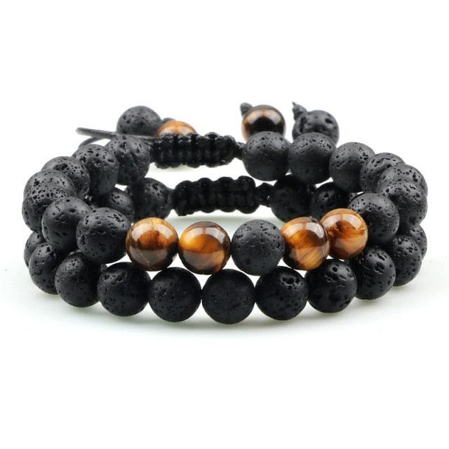 Bracelet perles œil de tigre et pierre de lave noire avec pendentif couronne pour hommes femmes - Bracelets tressés faits à la main et ajustables pour couples, perles diffuseur d'huiles essentielles avec pendentif couronne roi et reine