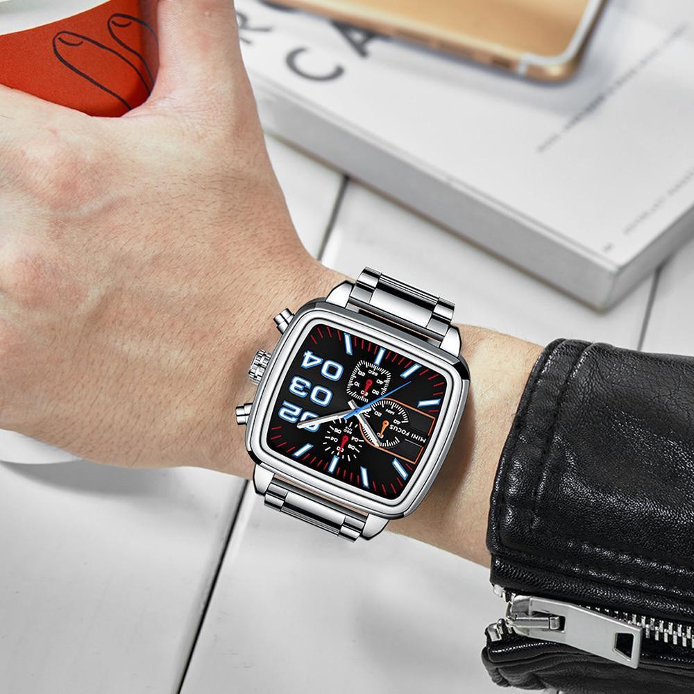 Montre carrée élégante pour homme, multifonctionnelle, étanche, en acier inoxydable, grand bracelet