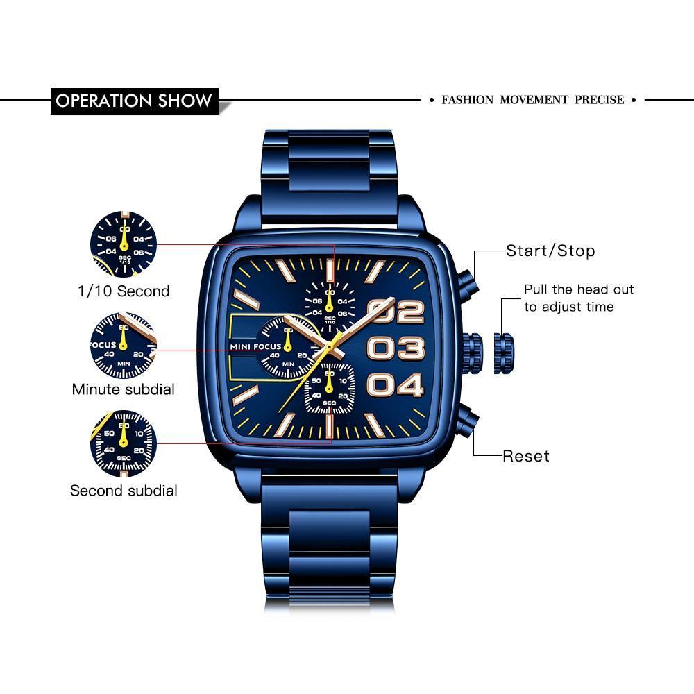Montre carrée élégante pour homme, multifonctionnelle, étanche, en acier inoxydable, grand bracelet