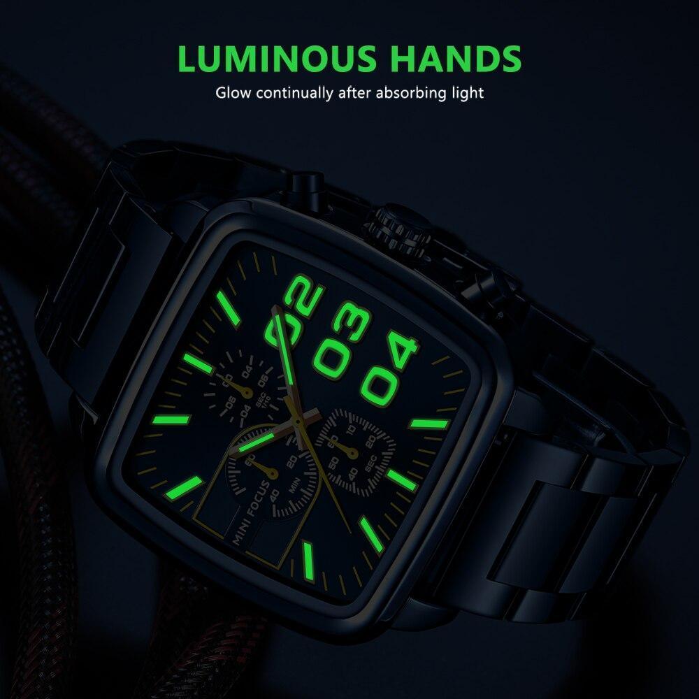 Montre carrée élégante pour homme, multifonctionnelle, étanche, en acier inoxydable, grand bracelet