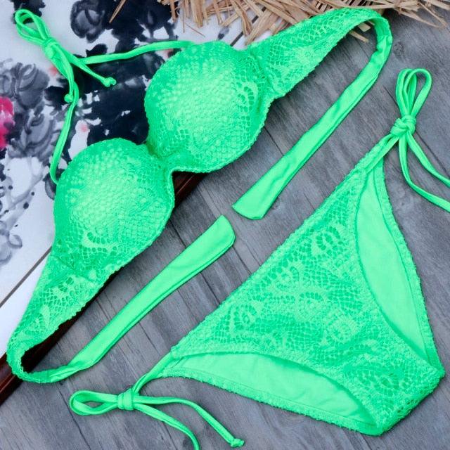 Ensemble de bikinis solides à lanières, maillot de bain push-up blanc, maillot de bain pour femme, bas de bikini côtelé à nouer, maillot de bain string ajustable à lacets pour femme