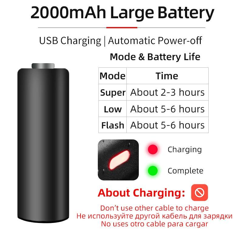 Lampe frontale de vélo étanche rechargeable par USB Phare de vélo Lampe de poche LED Lampe de vélo rechargeable par USB Phare avant de vélo Lampe de phare de vélo LED 2000 mAh