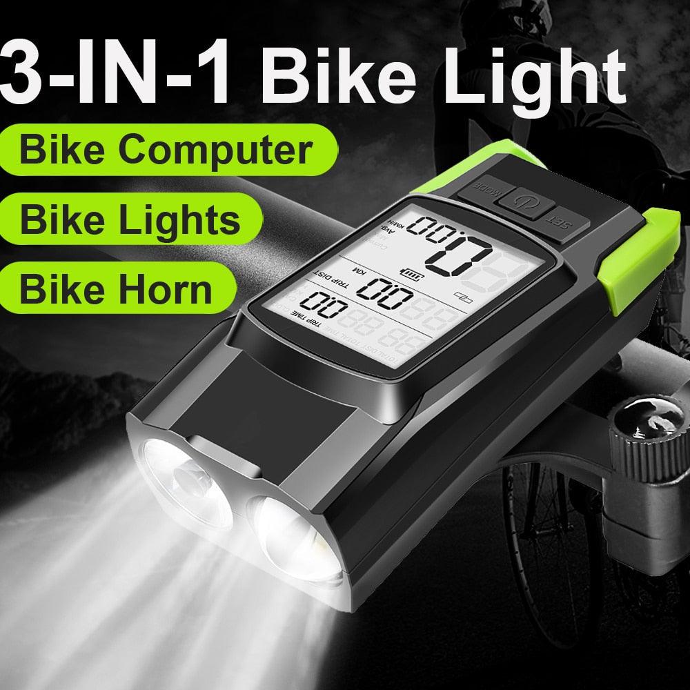 Lumières de vélo LED 4000mAh Ordinateur de vélo avec klaxon Lampe de poche rechargeable USB Compteur de vitesse de vélo étanche Ordinateur de vélo rechargeable USB avec klaxon de vélo puissant Compteur kilométrique de vélo étanche