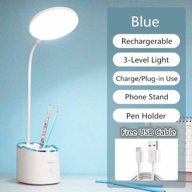 Lampe de table rechargeable avec porte-stylo, 18 LED, tactile, col de cygne USB, support de téléphone, lampe de bureau pour étudiant, lampe décorative, lampe d'étude mignonne pour décoration de chambre.