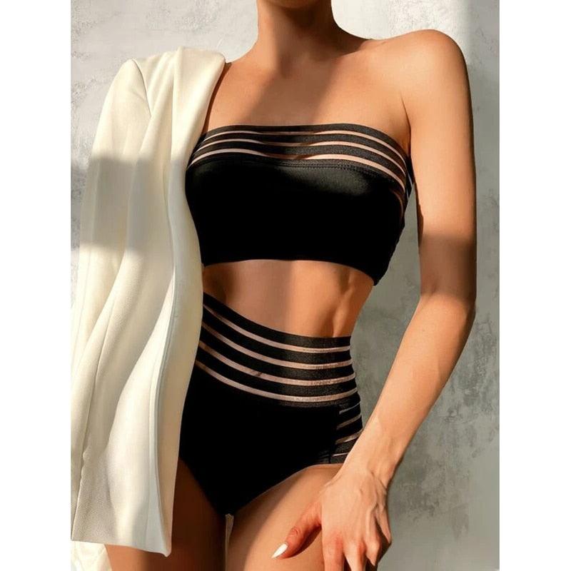 Maillot de bain de luxe pour femme, bikini noir, taille haute, 2 pièces, ensemble de maillot de bain, maillot de bain de plage pour femme, ensemble bikini bandage taille haute deux pièces, push-up