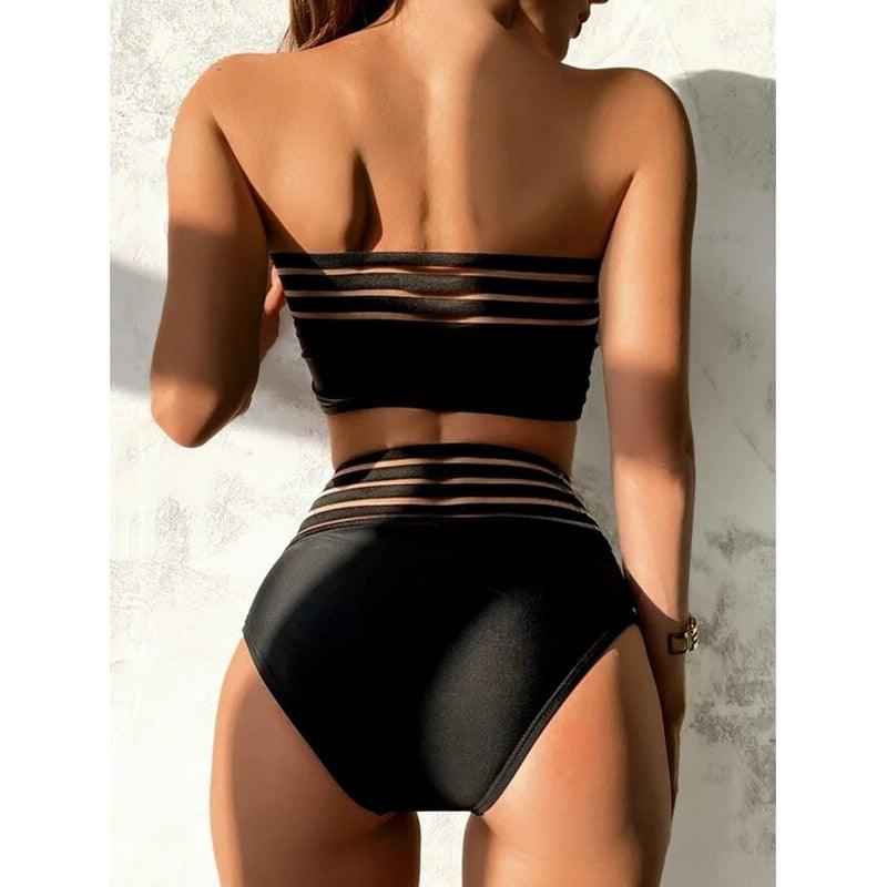 Maillot de bain de luxe pour femme, bikini noir, taille haute, 2 pièces, ensemble de maillot de bain, maillot de bain de plage pour femme, ensemble bikini bandage taille haute deux pièces, push-up