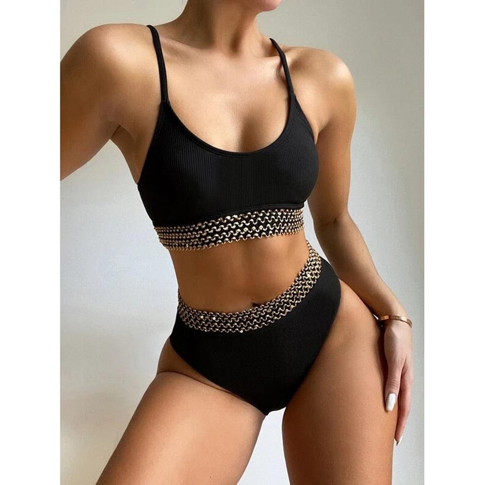 Maillot de bain de luxe pour femme, bikini noir, taille haute, 2 pièces, ensemble de maillot de bain, maillot de bain de plage pour femme, ensemble bikini bandage taille haute deux pièces, push-up