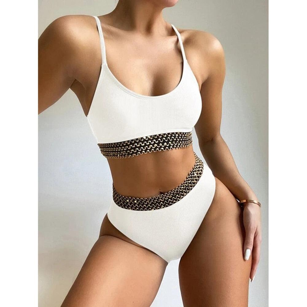 Maillot de bain de luxe pour femme, bikini noir, taille haute, 2 pièces, ensemble de maillot de bain, maillot de bain de plage pour femme, ensemble bikini bandage taille haute deux pièces, push-up