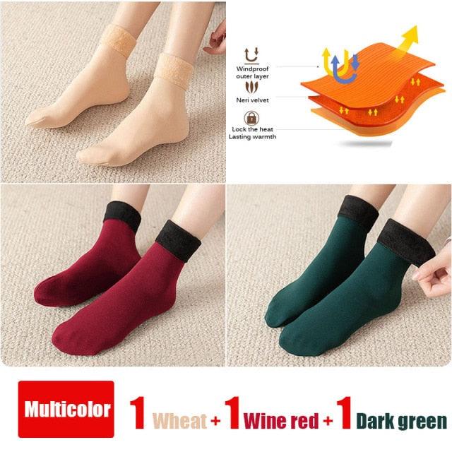 3 paires de chaussettes d'hiver chaudes et épaisses pour femme, douces, décontractées, de couleur unie, en laine cachemire, pour la maison, pour bottes de neige, chaussettes de sol en velours pour femme