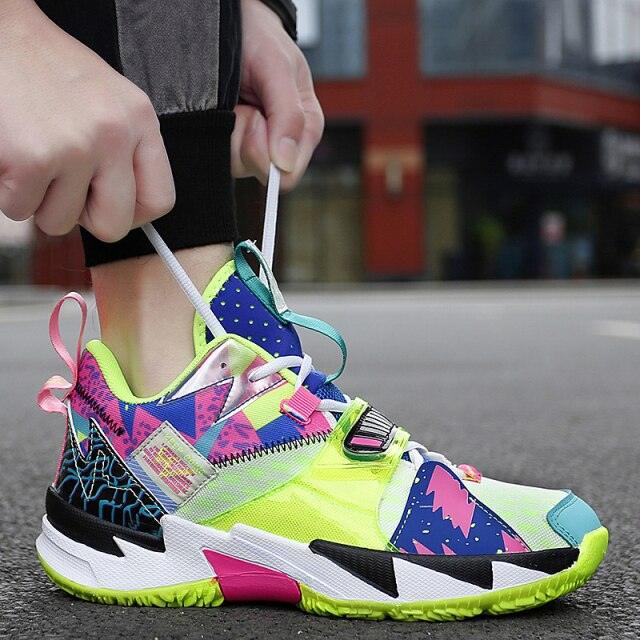 Chaussures de basketball unisexe modernes respirantes à coupe haute, baskets de ville d'extérieur pour hommes, chaussures de basketball arc-en-ciel tendance, chaussures de sport respirantes antidérapantes et douces