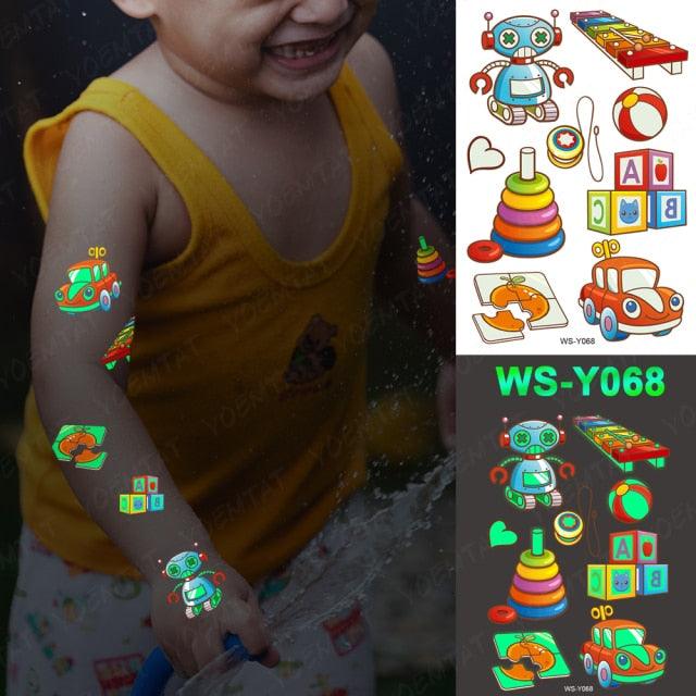 Autocollants de tatouage lumineux de luxe licorne étoiles temporaire étanche lumineux faux tatouages autocollants dinosaure papillon pour enfants