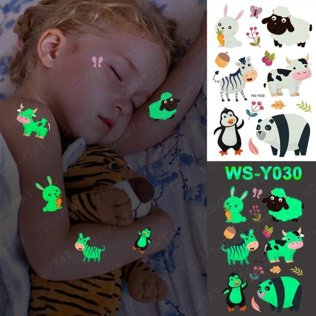 Autocollants de tatouage lumineux de luxe licorne étoiles temporaire étanche lumineux faux tatouages autocollants dinosaure papillon pour enfants