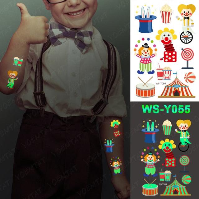 Autocollants de tatouage lumineux de luxe licorne étoiles temporaire étanche lumineux faux tatouages autocollants dinosaure papillon pour enfants