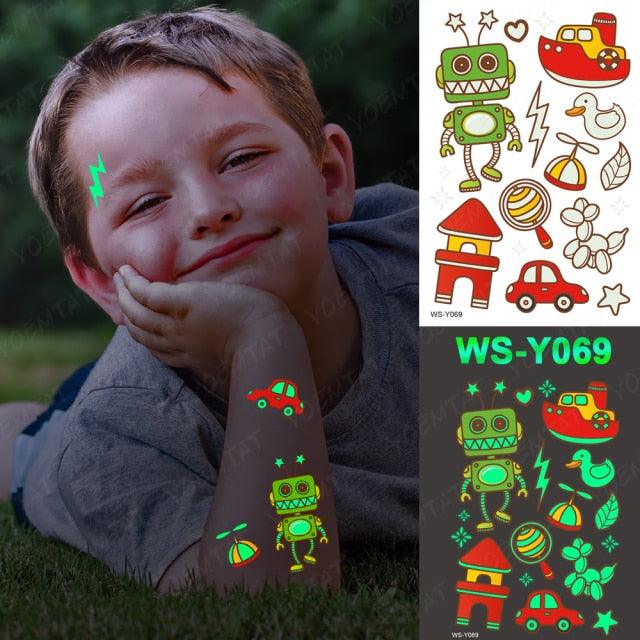 Autocollants de tatouage lumineux de luxe licorne étoiles temporaire étanche lumineux faux tatouages autocollants dinosaure papillon pour enfants