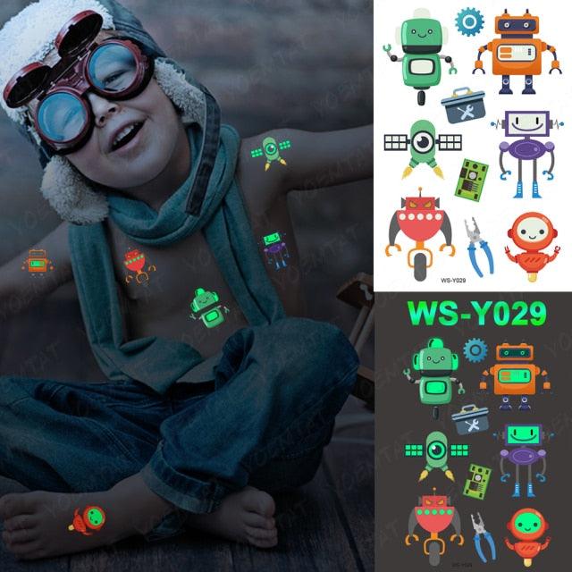 Autocollants de tatouage lumineux de luxe licorne étoiles temporaire étanche lumineux faux tatouages autocollants dinosaure papillon pour enfants