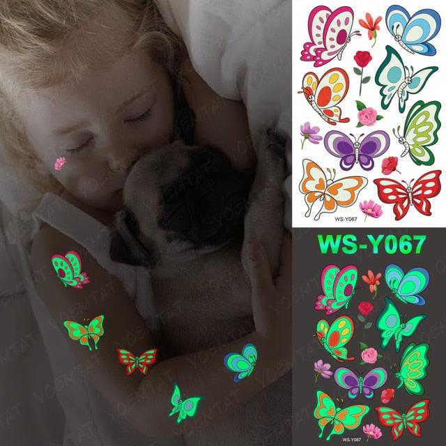 Autocollants de tatouage lumineux de luxe licorne étoiles temporaire étanche lumineux faux tatouages autocollants dinosaure papillon pour enfants