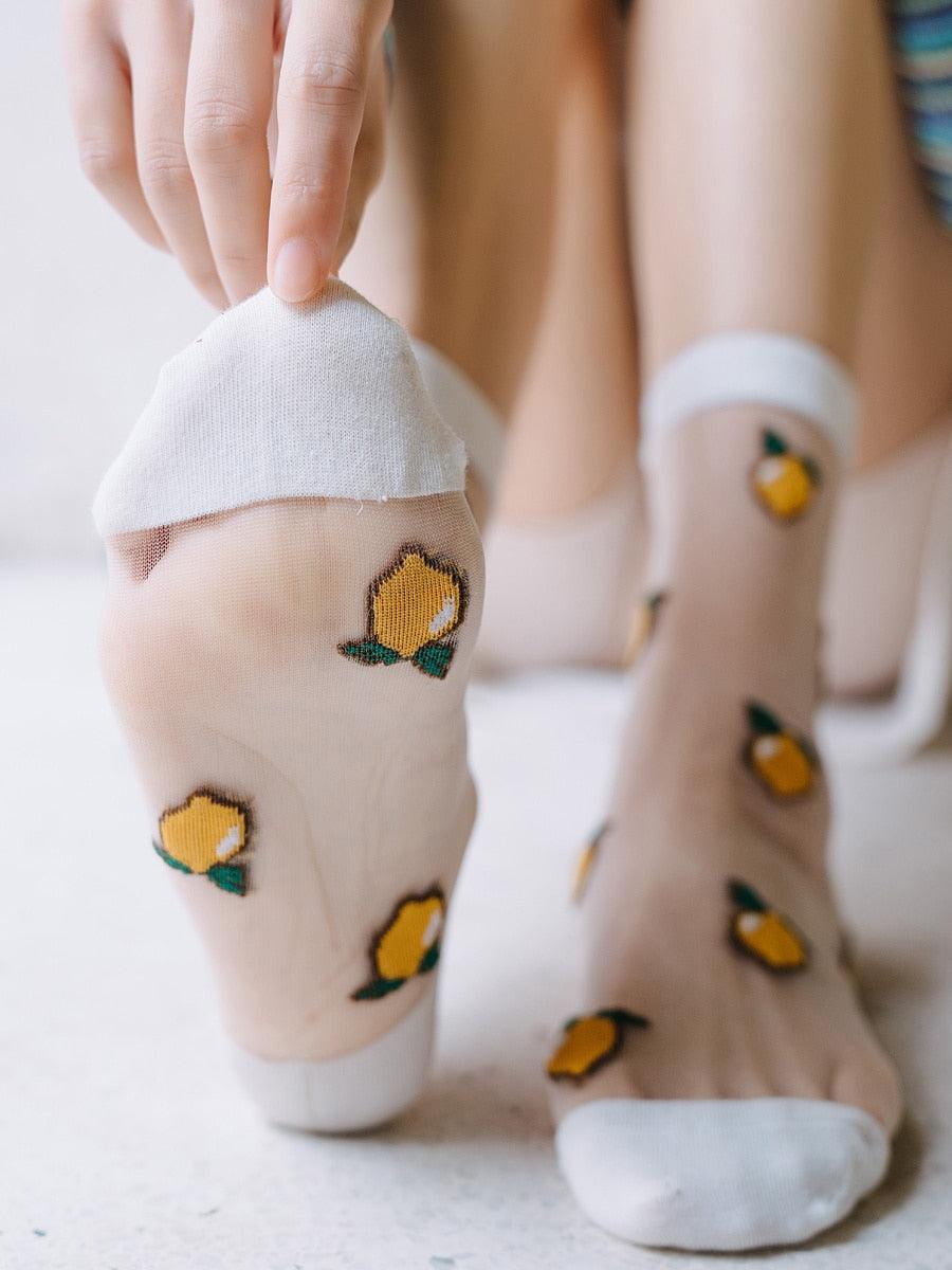 Nouvelles chaussettes jacquard transparentes Kawaii avec motifs de fruits de dessin animé pour jeunes femmes, filles, été, automne : avocat, citron, ananas, cerise
