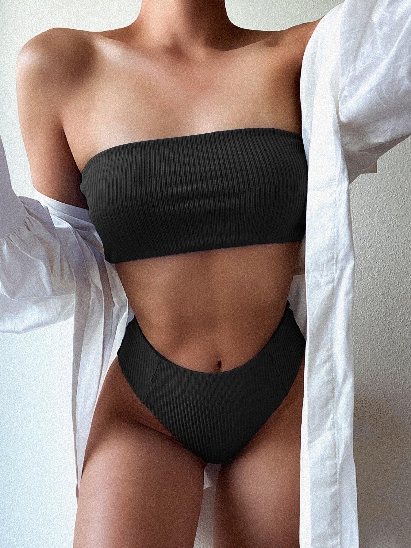 Bikini Maillot de bain Femme Push Up Ensemble de bikini Maillot de bain féminin Maillot de bain sans bretelles couleur unie 2 pièces Maillot de bain Maillots de bain Épaules dénudées Taille Haute Maillot de bain Maillot de bain échancré pour l'été